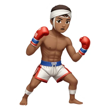 ​Cinematic Realistic Traditional Muay Thai Fighter, depicted in authentic attire featuring white bandaged gloves wrapped around his fists, a traditional headband tied neatly, and classic Muay Thai shorts, captured in a dynamic fighting stance under dramatic, high-energy lighting that highlights the raw power and elegance of the art, sticker