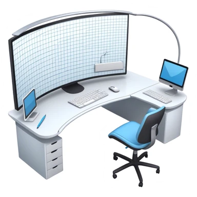 Create an emoji for 3D visualization and modeling. Show a 3D object like room model with grid lines on a big curved monitor. Add a modeling tool a mouse and stylus. Use modern, professional colors. Do not include any emojis or smiley faces. Make the background transparent. sticker