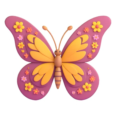 Add beautiful, subtle flower-shaped dust and petals like magical particles around the butterfly. Maintain the 3D cartoon, elegant, fantasy style with a transparent background. sticker