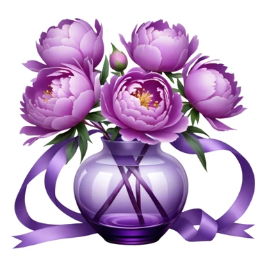 "Abstract peonies in shades of light purple and lavender, blending like soft brushstrokes. A glowing purple glass vase with surreal reflections, wrapped in a weightless, swirling satin ribbon."
 sticker