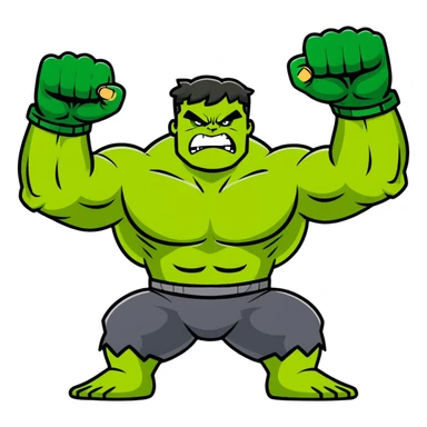 Hulk smashing with fists raised, green muscular superhero breaking ground, action pose, dynamic movement, angry expression sticker