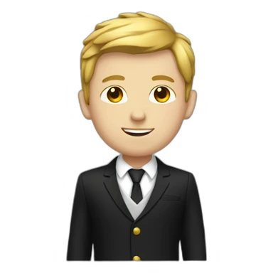 A white kid wearing a black and gold suit sticker