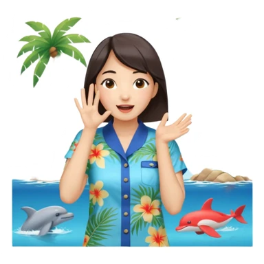 들뜬 표정의 20대 한국 여자, 여름 옷차림, 두 손으로 입을 감싸 “괌 가자~” 외치는 포즈. 민트색 배경, 밝고 유쾌한 광고 포스터 느낌,

옷이 더 하와이안 셔츠였음 좋겠어

멀리 있는 사람을 부르는 것처럼 

배경이 바다였음 좋겠어 약간 야자수랑 돌핀도 있고

멀~리 있는 사람을 부르는 손! sticker