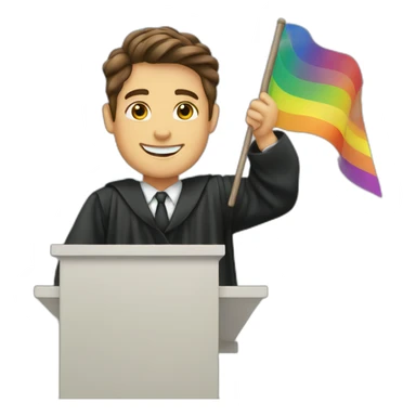 brown haired male judge waving pride flag sticker