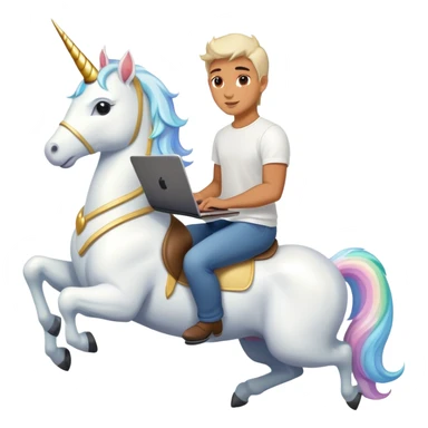 Man riding unicorn with a laptop sticker