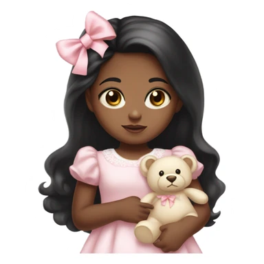 Little  babygirl with brown skin,. Long black hair, with light pink bows.  She is wearing a light pink and White dress, holding a teddybear with a pink bow. sticker
