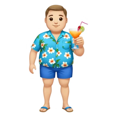 chubby guy full figure in a flowered azure havai shirt, brown shorts and flippers holding a cocktail sticker