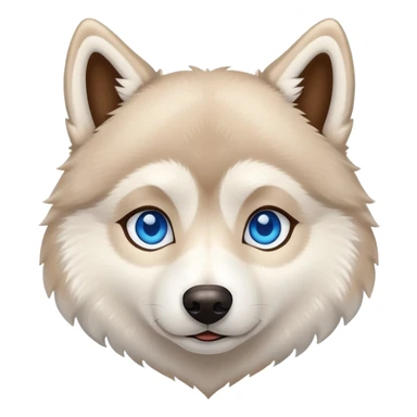 Beige husky with blue eyes and a brown heart sticker