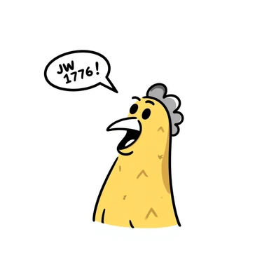 cartoon style shouting yellow long neck chicken with a funny expression, 'JW 1776' in a speech bubble sticker