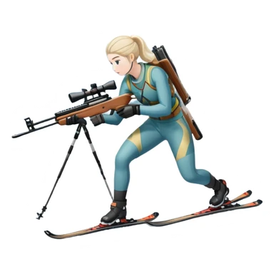 An icon showing a snowy landscape with pine trees, mountains and a clear sky with a biathlete aiming a rifle in the foreground, wearing winter gear and skis. Transparent background emphasizes the precision, endurance, and beauty of this winter sport. sticker