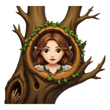 ute forest witch woman long wavy brown hair tattoos peeking from tree hollow sticker