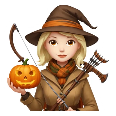 female human monster hunter emoji, wearing brown coat and hat, holding crossbow, soft smile, scarf, glowing pumpkin by her side, Halloween fantasy style, clean vector Apple emoji look, bright colors, white background, square sticker