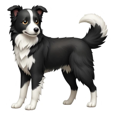 cinematic-[border collie dog]-realistic-full-body-sitting-emoji,-tail-resting-loosely-beside-its-paws,-head-tilted-dramatically,-scruffy-[black and white]-fur,-simplified-yet-realistic-focused-features,-highly-detailed,-glowing-with-an-almost-sarcastic-glow sticker