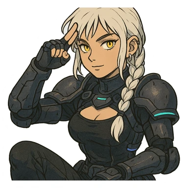  she is wearing armor, maximum power , except instead she's giving a victory salute, a closeup portrait of young woman with gold yellow eyes, white hair, long braid, black off-shoulder top d-cup, punk gothic style, futuristic cyberwave cyberpunk, sitting position
 sticker