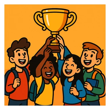 quatre étudiants heureux soulèvent ensemble un trophée, illustration expressive, fond simple, couleurs vives sticker