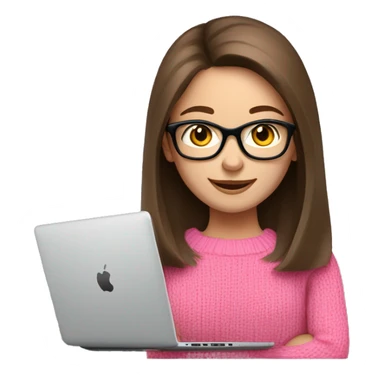 Russian smile Girl with straight brown hair and black glasses frame and in pink sweater working behind laptop sticker