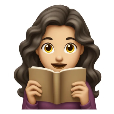brunette long wavy hair woman biting lip while holding and reading book sticker