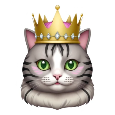 Gatito gris oscura con rayas negras ojos verdes vestida de reina con coronas y diamantes, más peluda y gordita  sticker