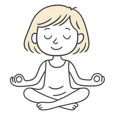 a blonde girl with a short haircut in a white dress sitting in a lotus position and meditating with a background sticker