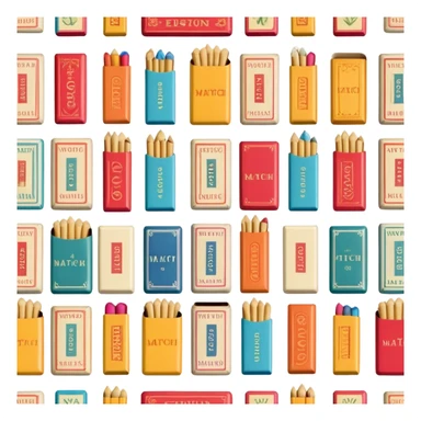 Icon for Matchbox Collecting: a collection of colorful vintage matchboxes arranged in a row, with the match tips visible on the sides. The icon should highlight the unique design and charm of the matchboxes from various places. Transparent background. sticker