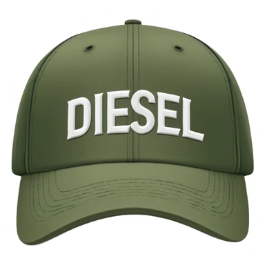 Deep army green Diesel cap, isolated hat with white handwritten Diesel text and the brand's logo below it, no human sticker