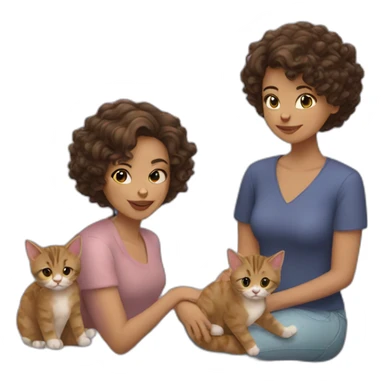 woman with brunette curly short hair playing with two cats sticker