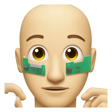 a man with half of his face tilted to the side, and microchips a inside sticker