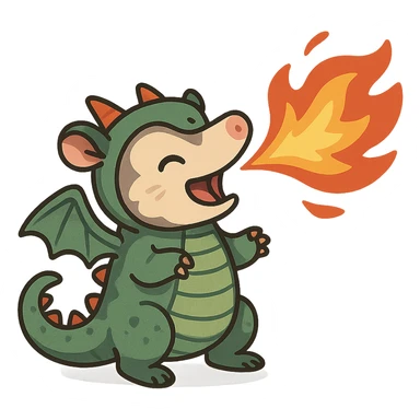 cute cartoon possum breathing fire, dressed as a dragon with wings, distinct artistic style sticker