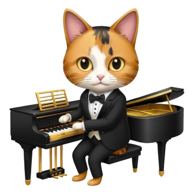 calico cat play gold piano, wear black suit, portrait sticker
