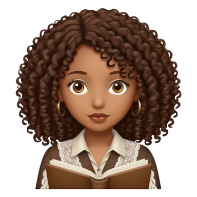 dark brown girl with curly hair writing in girly lace notebook sticker