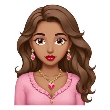 Woman,Medium brown skin,super long wavy hair, medium brown arched eyebrows, full lashes, red nude lips, diamond stud earrings, gold heart locket, pink shirt sticker