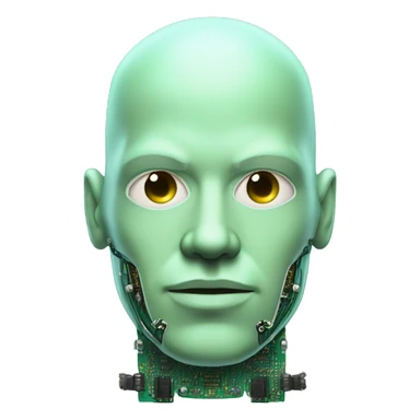 Pastel green bald male cyborg head with goatee and circuitry sticker