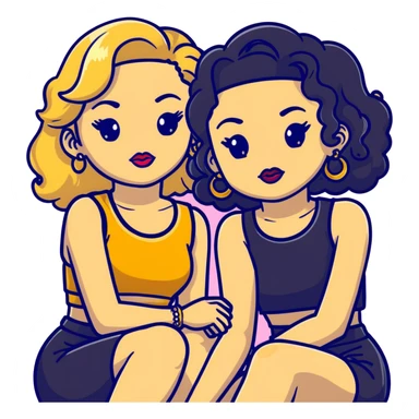 Full body of two teenage girls sitting together, one white with straight blonde hair and one brown-skinned with curly black hair, both with heavy makeup, big lips, crop tops, gold jewelry and flashy choni style outfits sticker