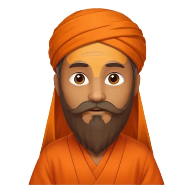 One astrologer sitting in orange color dress looking like a learned person, having beard sticker
