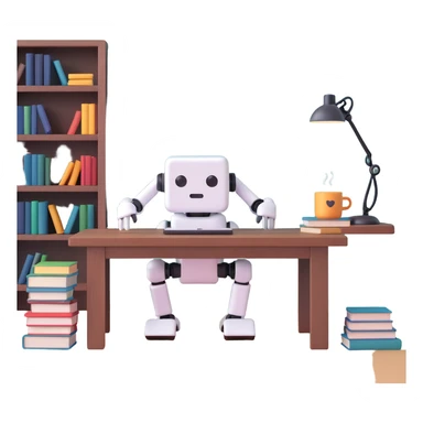 Cute desk companion bot — small cube-shaped AI assistant with articulated arms, sitting on a desk with books and coffee. sticker