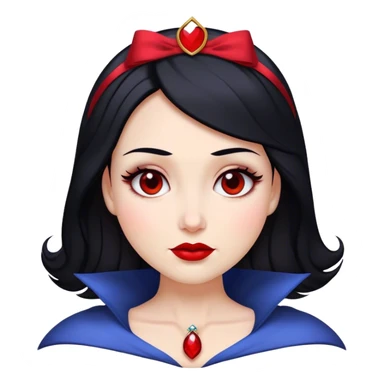 Cinematic Majestic Snow White Portrait Emoji, rendered in a clean, vector-style with bold, simplified shapes. Show Snow White with a serene, noble expression, radiant porcelain skin, and elegantly styled raven hair accented with subtle red highlights, her attire simple yet refined. The design radiates a majestic, pure glow with high shine and a soft glowing outline, embodying classic royal beauty. sticker
