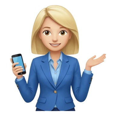 Confident and outgoing female entrepreneur, Caucasian features, shoulder-length blonde hair, big friendly smile, expressive eyes, wearing a blue blazer over a light blue blouse, holding a smartphone in one hand, waist-up, front-facing sticker