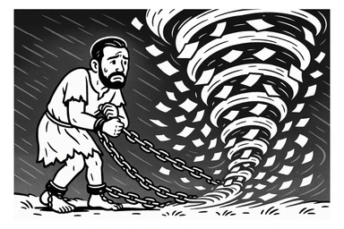 Используя такую стилистику сгенерируй героя в образе раба, закованного в кандалы и цепи идут в огромный ураган из бумаги, который символизирует бумажную рутину sticker