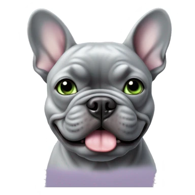 all gray french bulldog with light green eyes with a lavender collar and bottom row of teeth showing sticker