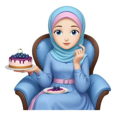 Turkish beautiful finish Konya girl blue eyes with pastel hijab long tail dress and sits on the chair and holds blueberry cake with her hand  sticker
