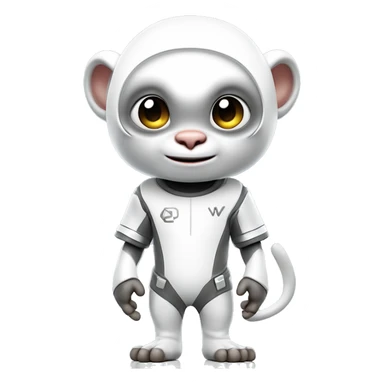 a 3d rendering of a full body shot of a cute white capucin monkey wearing a t shirt with a letter 'W' on it and a futuristic platinum helmet also with a letter 'W' on it, smiling and being cute to the camera, his style is futuristic y2k, he's standing up sticker