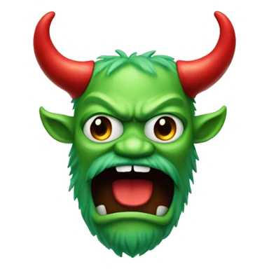 Green monster with red horns. It has a black mustache and beard.  sticker