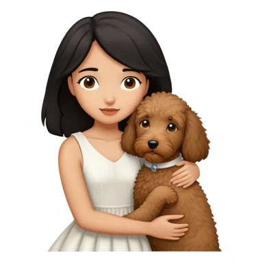 One girl with medium long black hair dressing white dress , hugging One little brown coated labradoodle. sticker
