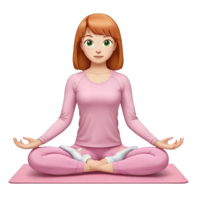 chin length ginger hair woman with bangs, green eyes, wearing long sleeve light pink yoga top, long flare light pink yoga pants, white sneakers, in gym, sitting on yoga mat sticker