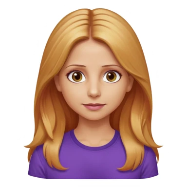 Sarah Michelle Gellar with hazel eyes, strawberry blonde long hair, purple shirt sticker
