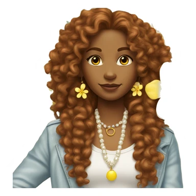 Brown skinned girl, long curly ginger hair, pearl earrings, bling tennis necklace, yellow Hawaiian flower in hair,  sticker
