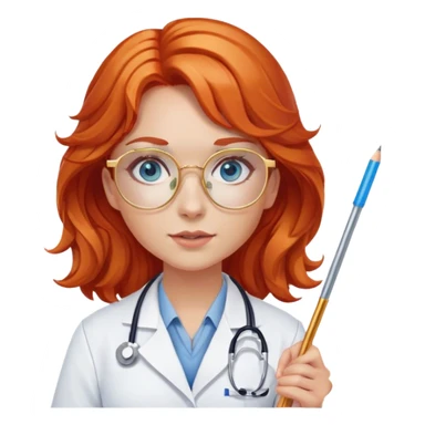 Girl doctor wavy orange red hair blue eyes in gold glasses . And  pointer sticker
