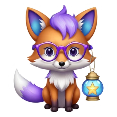 Heart eyes 😍 — a small magical fox with shimmering purple and blue fur, a glowing fluffy tail, a silver star on its forehead, round glasses, and a tiny lantern. sticker