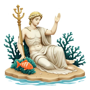 sunken on sand, white greek statue, broken, include water and coral in the sea, sea weed, fish sticker