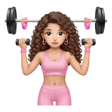 cute balayage brunette long hair curly/wavy haired girl, hoop earrings, clean girl makeup DOING EXERCISE with weights with a cute pastel pink set sticker
